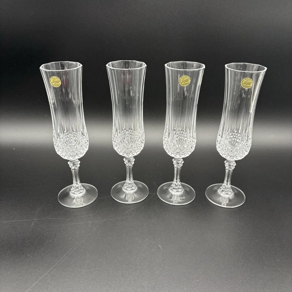 Cristal D'Arques Longchamp 24% Lead Crystal Champagne Flutes Set of‎ 4 Boxed